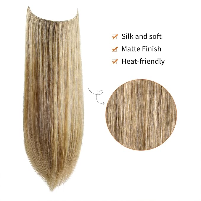 REECHO Invisible Wire Hair Extensions with Transparent Headband Adjustable Size Removable Secure Clips in Straight Secret Hairpiece for Women (16 Inch (Pack of 1), Golden Blonde with Highlights)
