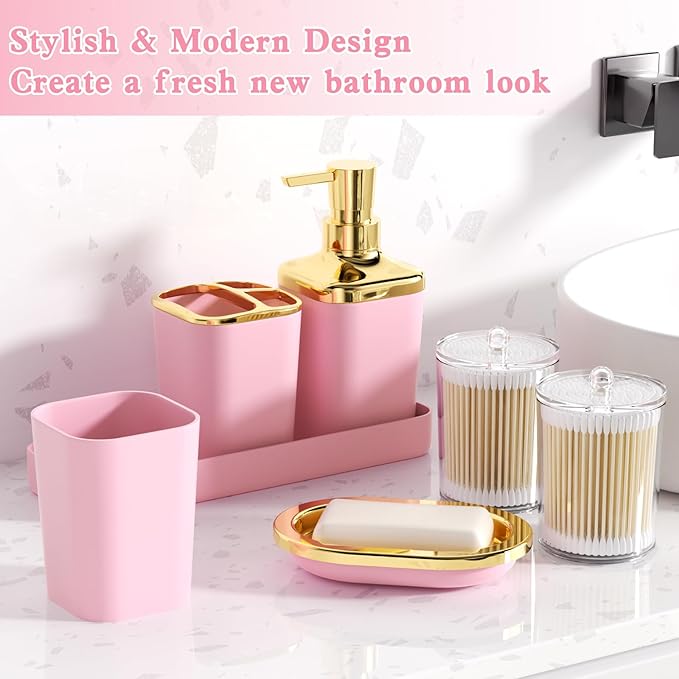 XLHOMO Pink Bathroom Accessories, 24 Pieces Pink and Gold Bathroom Accessories Set with Shower Curtain, Bath Towels, Trash Can, Soap Dispenser and Soap Dish for Bathroom/Housewarming