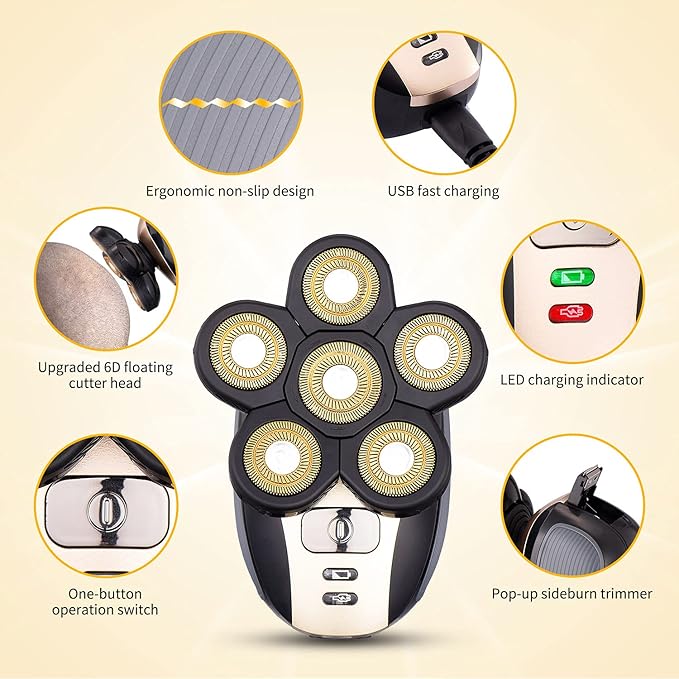 Head Shavers for Men - Upgraded Multifunctional Bald Head Shaver, Waterproof Electric Razor for Men Cordless Rechargeable Shaving Grooming Kit (Gold)