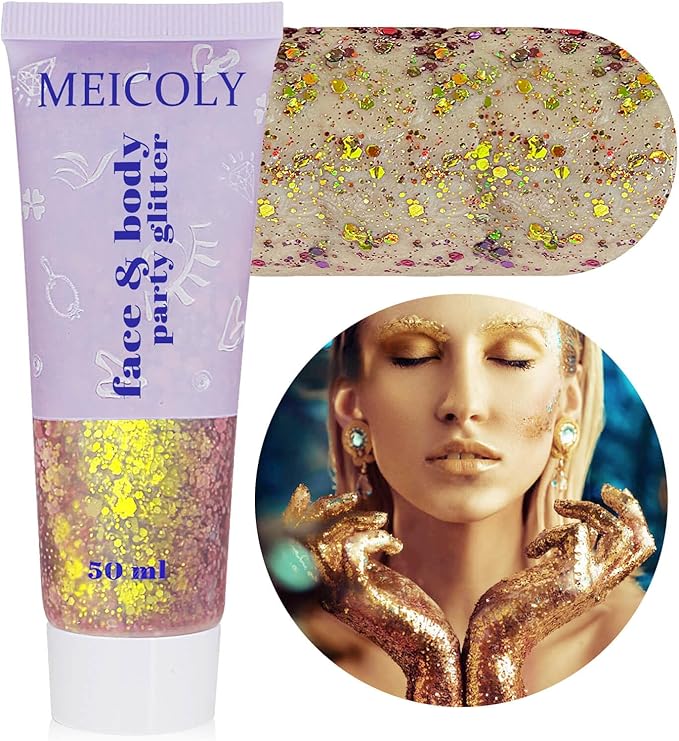 MEICOLY Chameleon Gold Body Glitter,Mardi Gras Outfit for Women,Color Changing Face Glitter,Self-adhesive Chunky Glitter Face Paint,Holographic Glitter for Face Body Hair,Festival Party Costume Makeup
