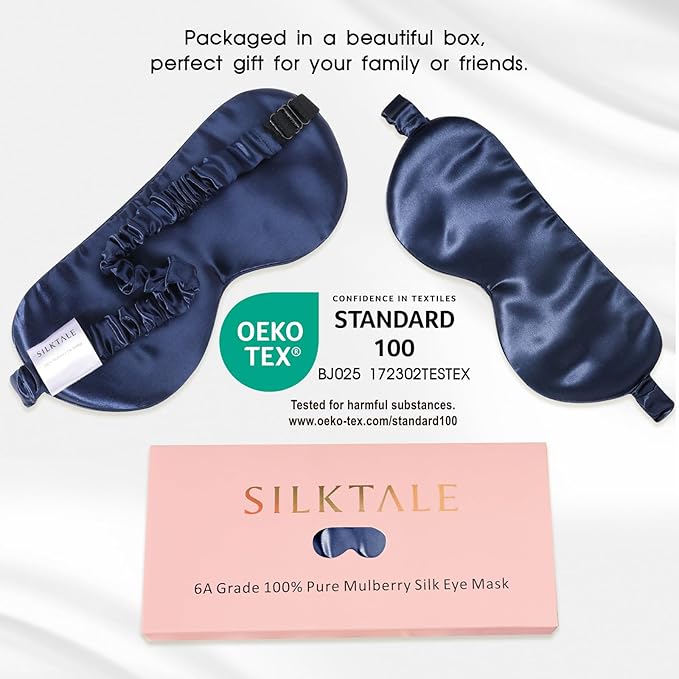 SILKTALE Mulberry Silk Blackout Adjustable Sleep Eye Mask for Men/Women Travel Plane,Navy Blue