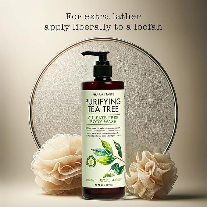 PHARM TO TABLE Soothing Tea Tree Body Wash Sulfate-Free Shower Gel – Nourishing Hydration Soothes Dry, Itchy Skin - Infused with Tea Tree oil, Mint, Vitamin E & Aloe, 16.2oz