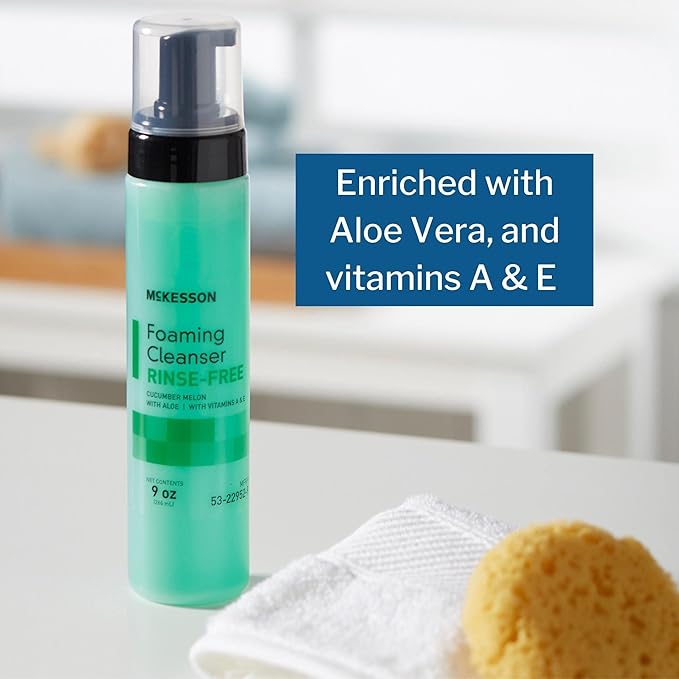 McKesson Rinse-Free Foam Cleanser with Aloe, 9 oz [12 Count] Vitamin A and E - Body Wash & Shampoo for Elderly, Hospital Grade, Cucumber Melon