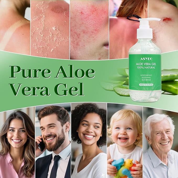 ASYBO Aloe Vera Gel 300 ml – 100% Natural Pure Aloe Vera for Face Body Hair, Soothing and Nourishing Moisturising Aloe Cream for Dry Skin, Sunburn, Acne, After Sun Lotion