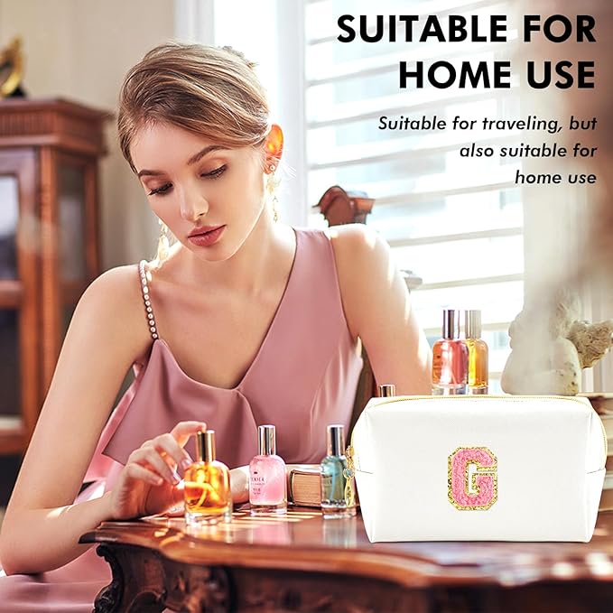 URSKYTOUS Initial Makeup Bag Personalized Preppy Travel Small Cosmetic Bag Cute PU White Chenille Letter Makeup Pouch for Purse Waterproof Zippered Toiletry Organizer for Women Girls Kids Friends (G)
