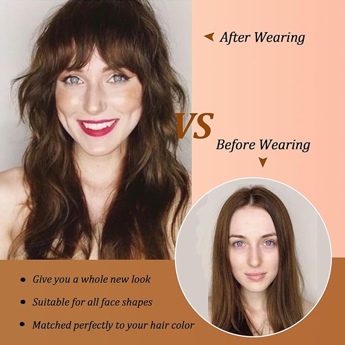 Clip on Wispy Bangs-Real Human Hair Clip in Bangs Hairpieces Medium Brown Fake Air Bangs Fringe with Temples Bangs Hair Clip Extensions