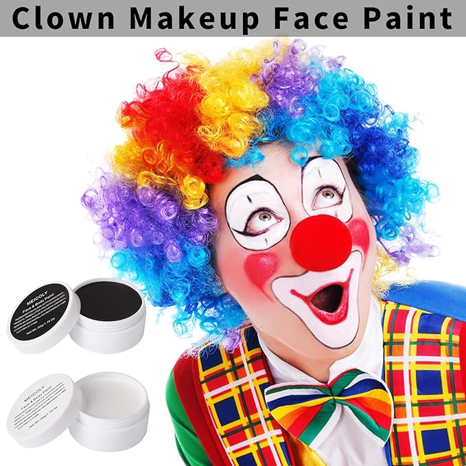 MEICOLY 7Pcs Halloween Makeup Kit,Black White Face Paint Clown White Makeup with Setting Powder,Classic Pro Oil Based Face Body Paint for Unisex Adult, SFX Joker Zombie Vampire Skull Skeleton Makeup