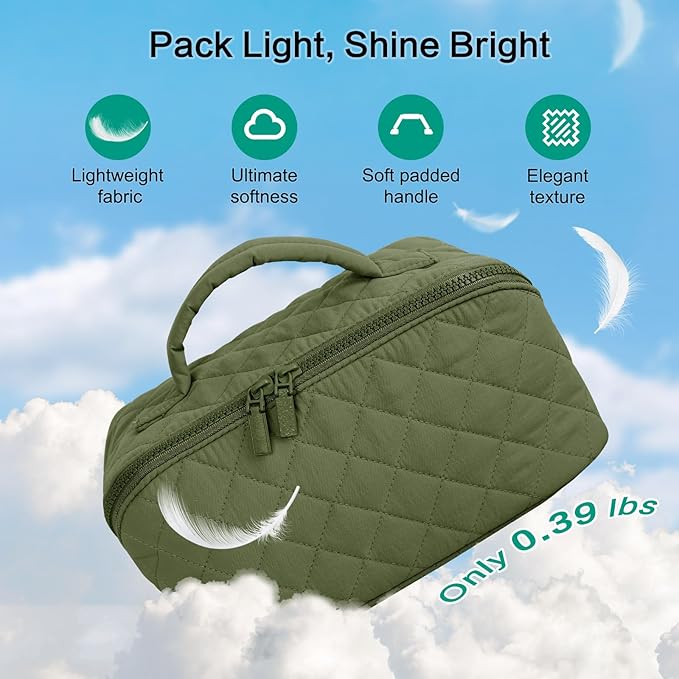 RunaFun Travel Makeup Bag for Women, Puffer Quilted Open Flat Makeup Organizer with Toiletry Bag, Portable Cosmetic Case for Travel & Daily Use, Green