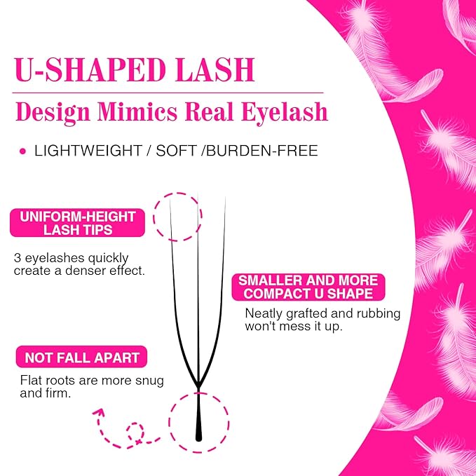 TDANCE U Lash Extensions 2D 3D 4D 5D UU Lash Fans Eyelash Extension U Shaped Natural Volume Lashes Extension Soft Matte Black Lashes(UU-3D-0.07-C,8-15mm)
