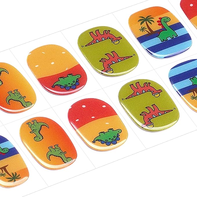 DANNI & TONI Kids Gel Nail Strips Dinosaur Beach Palm Tree Salon-Quality Peel & Stick Manicure for Children (Age 6+)– Safe, Long-Lasting, Easy to Apply | Dino Safari