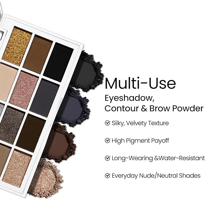 Erinde Nude Brown Eyeshadow Palette, 12 Colors Matte Shimmer Beige Silver Gold Taupe Champagne Gray Black Eye Shadow Palette, Highly Pigmented Long Lasting Waterproof Eyeshadow Pallete, 02