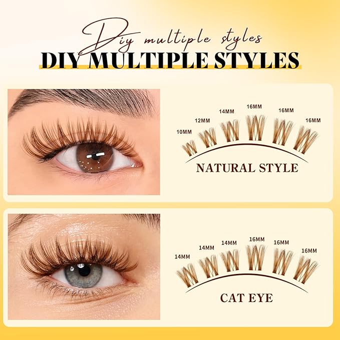 QUEWEL Brown Lash Clusters Kit, 144pcs Wispy-Lash-Clusters Kit Mix10-18mm Wispy Natural Invisible Band Eyelash Clusters Kit for DIY Cluster Eyelash Extensions(Brown Gem 4 Set)