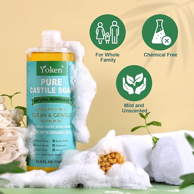 Yoken EWG Verified Castile Soap Liquid Unscented 33.8 fl oz Pure Castile Liquid Cleanser Made With Organic Oil, Clean & Gentle, Natural Castor Oil Soap for Body Wash, Hand, Dishes, Laundry