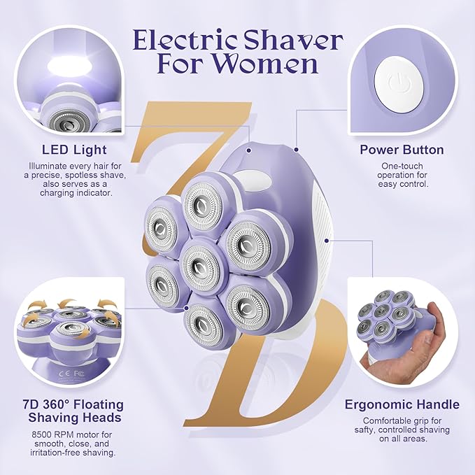 Electric Razors for Women Legs: 7D Fast & Painless Full-Body Shaver for Silk Skin – Waterproof Lady Face Pubic Hair Remover w/Light&Travel Cover – Wet/Dry Use, Gifts for Women Teen Girl