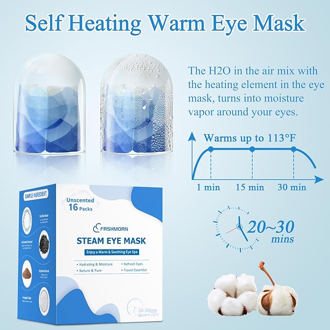 FRSHMORN 16 Packs Steam Eye Mask, Heated Eye Mask for Sleeping, Warm Compress for Eyes, Self Heating Disposal Steam Mask for Home Sleep, Office, Spa, Travel Essentials Stocking Stuffers (Unscented)