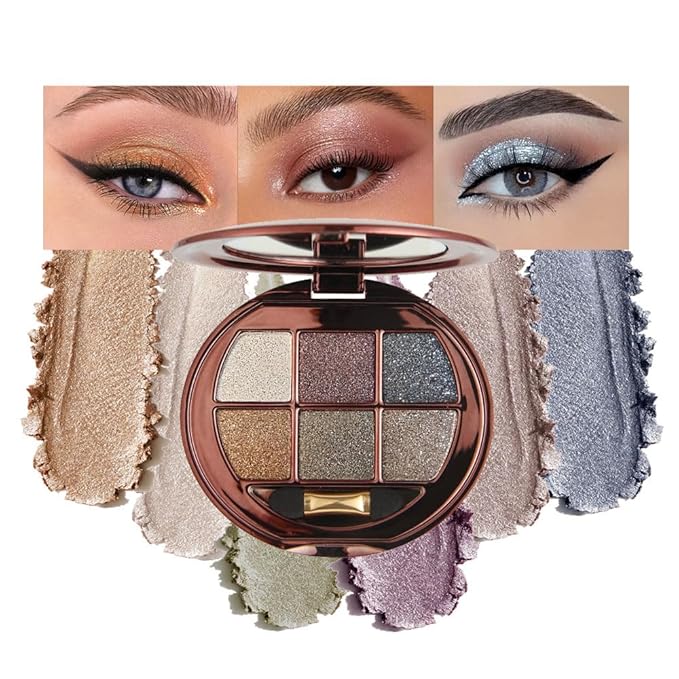 Shimmer Glitter Metallic Eyeshadow Palette, Neutral Cool-Tone Eye Shadow Kit, High Pigment Smokey & Halo Eyeshadow, Long-Lasting Blendable Sparkle Eye Makeup Palette for Party & Night Glam Looks