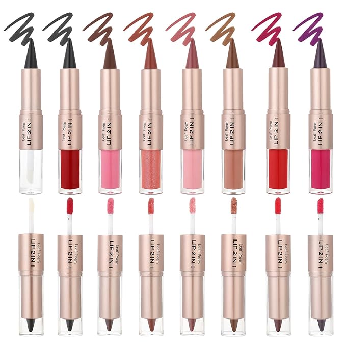 2-in-1 Double-Ended Matte Lip Liner & Lip Gloss Duo, Warm Rose Red Ombre Lip Combo Pencil, Lip Liner and Lipstick Gloss Set for Defined & Fuller Looking Lips (#10 Warm Rose Red Ombre)