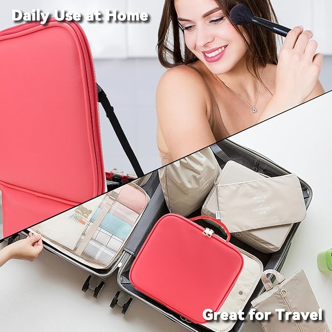 SLUMAZI Travel Makeup Bag with LED Mirror and 10x magnifying glass with 3 Lighted Settings, Adjustable Dividers and Makeup Brush Storage Bag Light Red