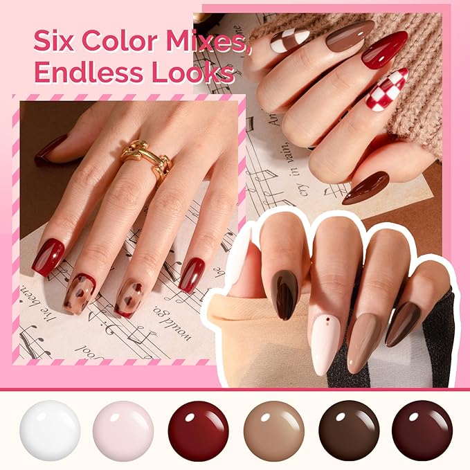 MelodySusie Highly Pigmented Gel Nail Polish Set, 0.56 fl.oz Tilt-and-Stand Bottle, HEMA Free Plant-Based Formula, 6 Colors Macarons, Soak Off UV LED Manicure Kit Gift Box(Mocha, Brown, Dark Red)