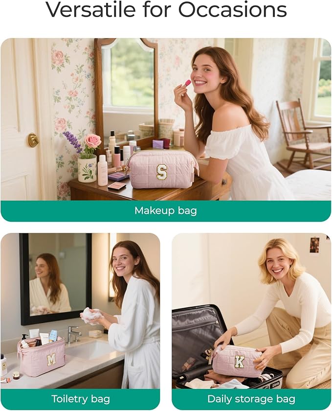 BAGSMART Birthday Gifts Personalized Initial Makeup Bag, Trendy Stuff Gifts for Women Bridesmaid Graduation, Puffy Padded Make Up Bags for Women, Wide-open Toiletry Bag, Pink C