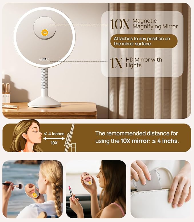 Gospire 10.8 Inch 2-in-1 Large Vanity Mirror with Lights & Bedside Table Lamp, Height Adjustable Lighted Makeup Mirror with Magnification 10X, 5000mAh Battery, 3-Color Desk Light Up Mirrors Bathroom