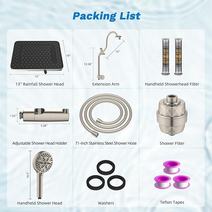 Hibbent 5-spray Dual Filtered Rainfall Shower Head Combo, High Pressure 13'' Showerhead with 10 Spray Mode Handheld, Easy Reach 4-way Diverter Arm with Pause Mode, 71'' Hose & Holder, Brushed Nickel