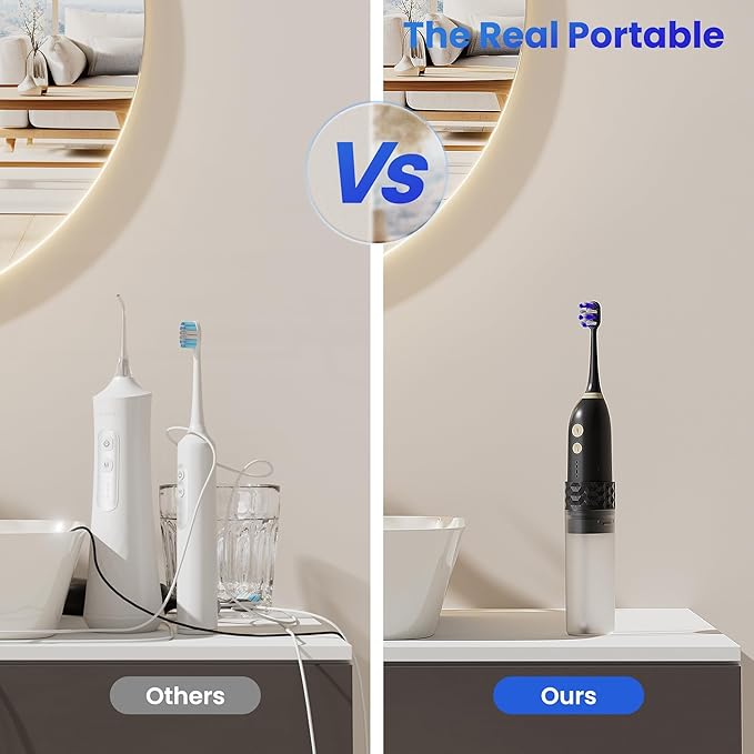 UNINGOPI Portable Electric Toothbrush with Water flosser, 2 in 1 Teeth Cleaning Kit, Electricc, Toothbrush and Water flosser Combo, Travel Toothbrush with Water Bottle(Black)