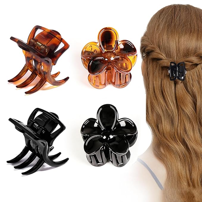 4-Piece Medium Hair Claw Clips for Women-Versatile Small Claw Clips for Thin & ThickHair, 2 Stylish Designs (Flower shape & JawClips),Perfect Hair Accessories for Women & Girls