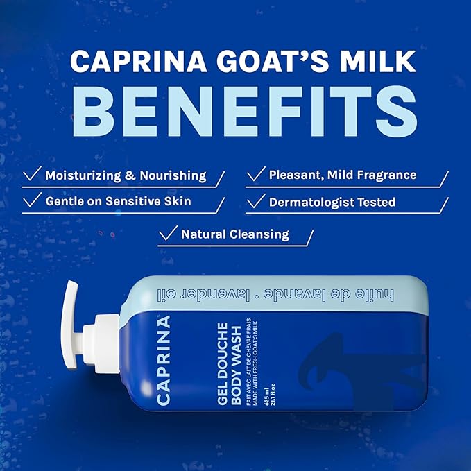 Caprina Fresh Goat’s Milk Body Wash, LAVENDER OIL, 625 ml, Moisturizing Cleanser for Normal Skin, Gentle Daily Hydration