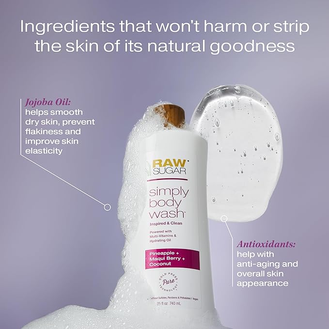 RAW SUGAR Pineapple Maqui Berry Reviver Gentle & Hydrating Body Wash, 20 Fl Oz (Pack of 3), Moisturizing & Smoothing Bath & Shower Gel, Vegan, Formulated without SLS/SLES & Parabens