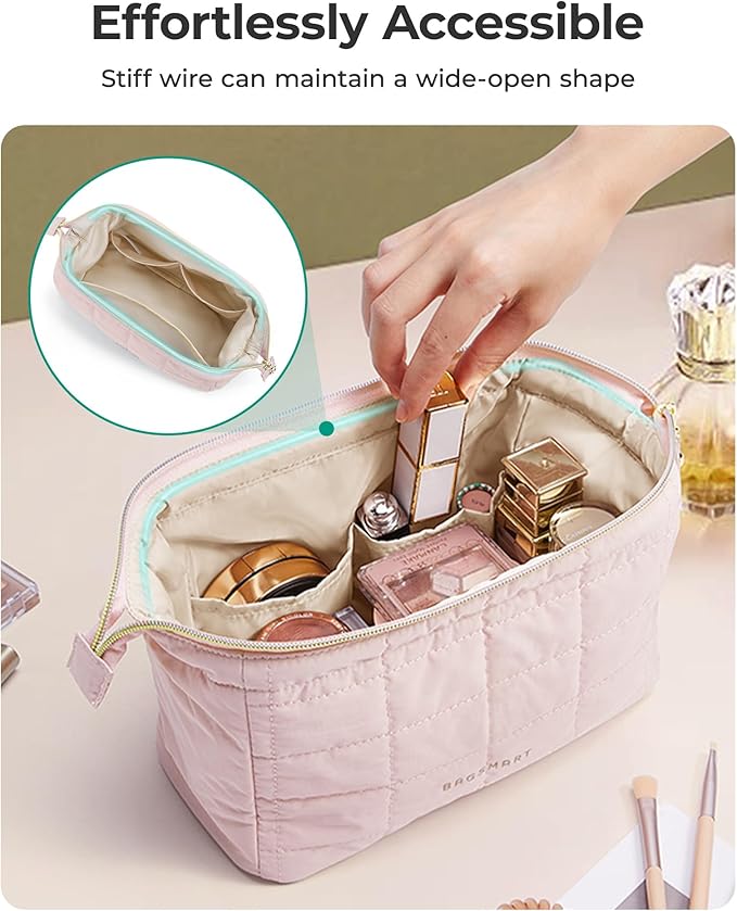 BAGSMART Makeup Bag Travel Toiletry Bag, Puffy Padded Make Up Bags for Women Makeup Organizer Case, Wide-open Pouch Purse Travel Essentials Toiletries Accessories Brushes, Rust Orange