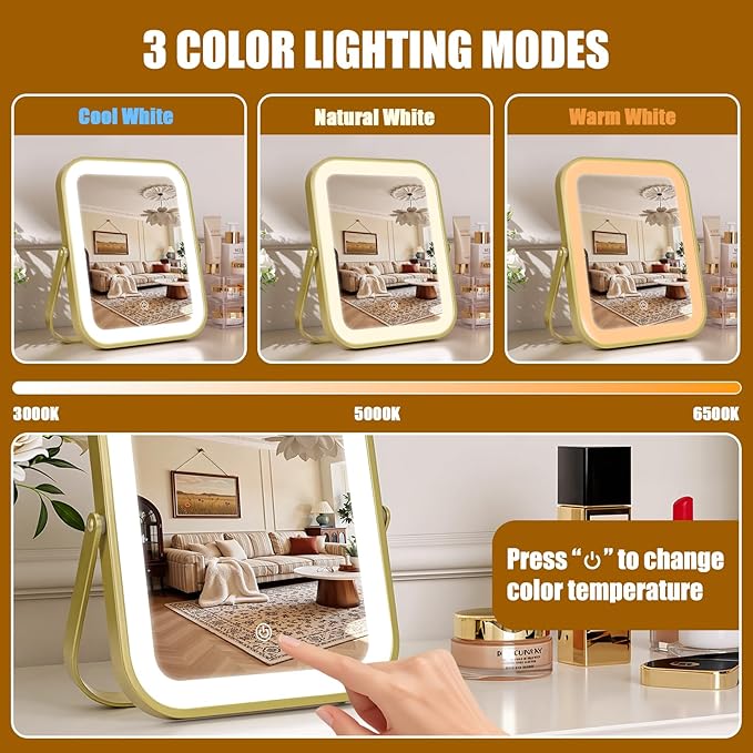 Vanity Mirror with Lights, 10"×8" Makeup Mirror with lights Built-in 1500mAH Battery, HD Mirror, Smart Touch with 3-Color Lighting, Dimmable, Desk Mirror, Women Gift, Travel Essentials (Gold)
