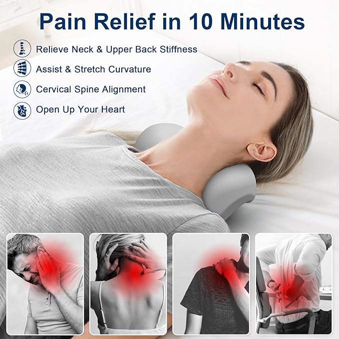 Neck and Shoulder Relaxer with Upper Back Massage Point, Cervical Traction Device Neck Stretcher for TMJ Pain Relief and Cervical Spine Alignment Chiropractic Pillow (Light Gray)