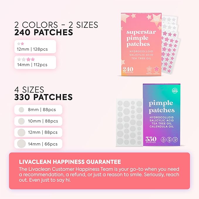 Livaclean 240 Star Pimple Patches for Face + 330 Round Hydrocolloid Acne Patches - Multiple Size Zit Stickers w/Salicylic Acid and Tea Tree Oil - Cute Invisible Acne Patch - Hydrocolloid Pimple patch
