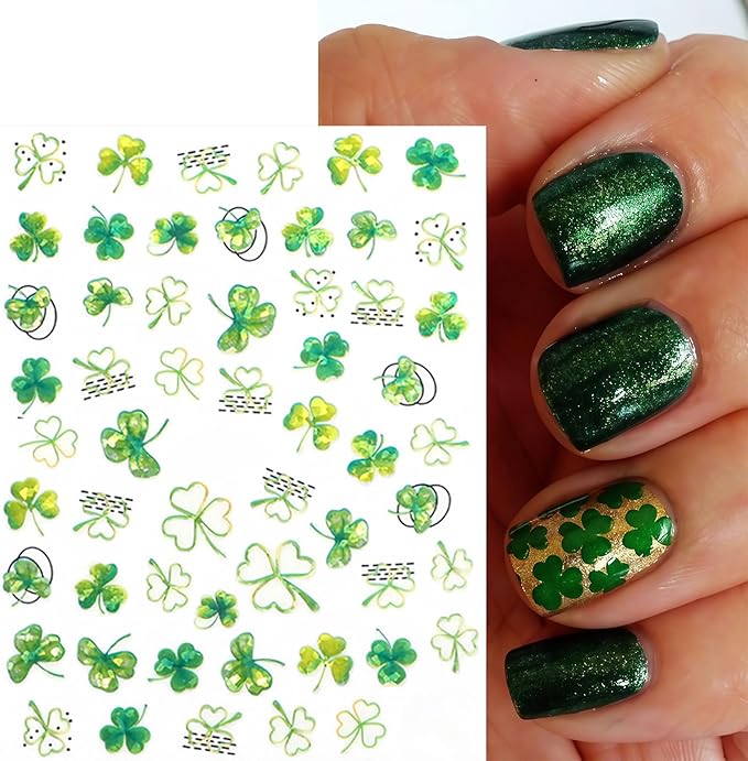 8Pcs St. Patrick's Day Nail Stickers Shamrocks Nail Art Stickers Irish Four Leaf Clover Nail Decals 3D Self-Adhesive Lucky Clover Nail Design St. Patrick's Day Nails Supplies for Women Manicure DIY