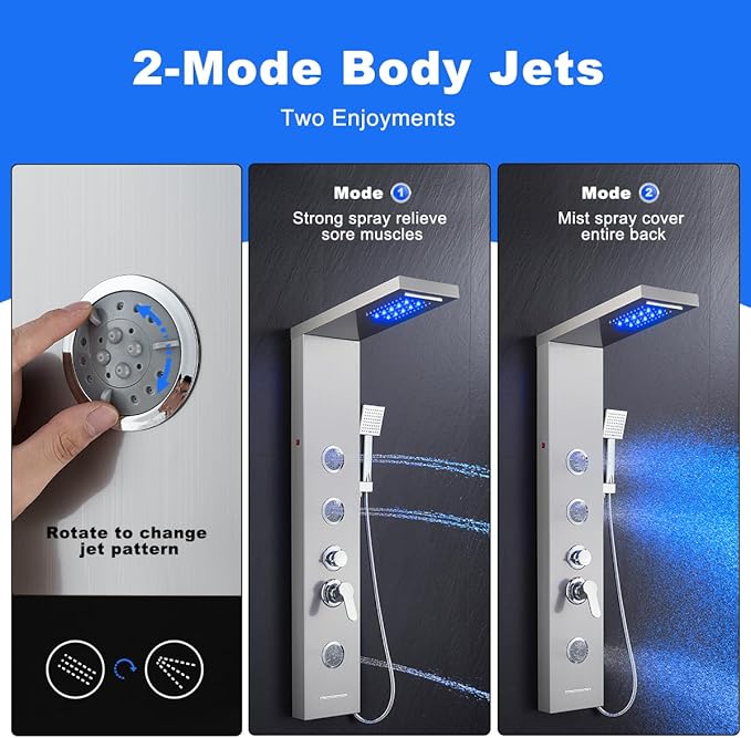 TSIBOMU 5 in 1 Shower Panel Tower System with LED Lights, Rainfall and Waterfall Shower Head, 3 Pcs Adjustable Body Jets, Handheld Shower, Tub Spout (Brushed Nickel)