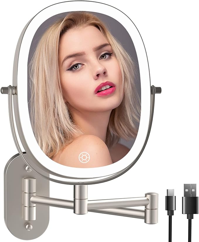 FUNTOUCH Wall Mounted Makeup Mirror,Rechargeable 7X/1X Double Sided Touch Switch Rectangle Oval Wall Mounted Magnifying Mirror with Light, 3 Color Setting,Extended Arm 360°Foldable, Nickel