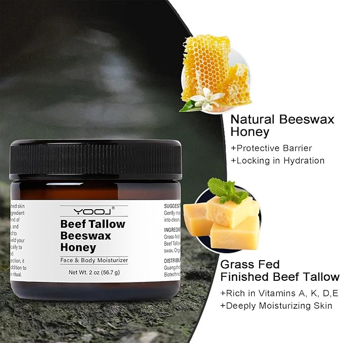 Beef Tallow and Honey Face Moisturizer for Face & Body - Organic Beef Tallow Moisturizer with Tallow and Beeswax & Honey, Beef Tallow for Skin Intensive Hydration - Vitamins(B1, A, D E & K) 2oz
