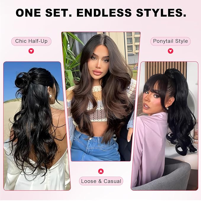 ALXNAN Long Wavy Layered Hair Extensions for Women, Clip in Hair Extensions Clip Ins Soft Full Head Synthetic Hairpieces 16 Inch Natural Black