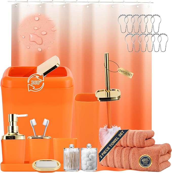 XLHOMO Orange Bathroom Accessories, 24 Pieces Orange and Gold Bathroom Accessories Set with Shower Curtain, Bath Towels, Trash Can, Soap Dispenser and Soap Dish for Bathroom/Housewarming