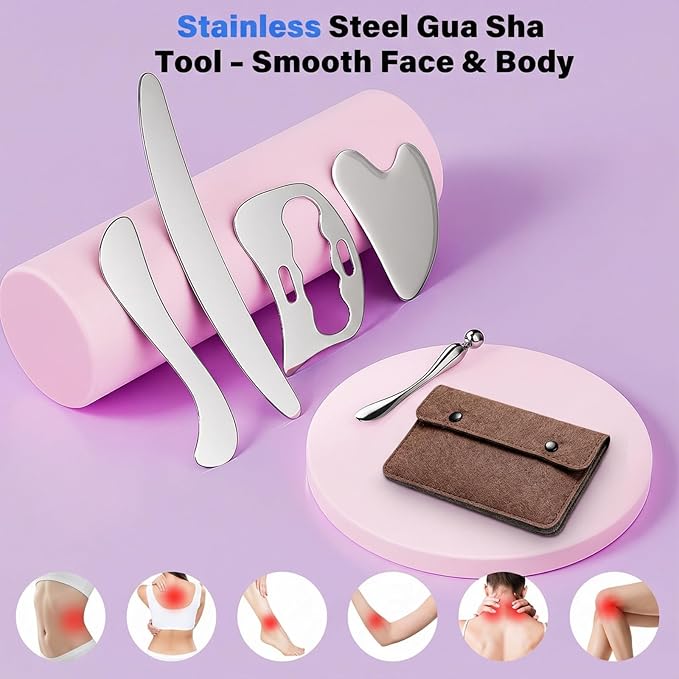 5 in 1 Muscle Scraper Tools Kit - Stainless Steel Gua Sha Massage Tools for Physical Therapy, Derma Edge Scraping for Face & Body, 5 PCS Guasha Set for Deep Tissue & Relaxation（5 PCS） (Brown)