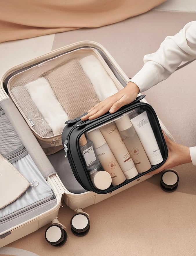Oaque Clear Cosmetic Bag Double Layer Travel Toiletry Bag Clear Makeup Bag Case with 4 Compartments, Transparent Travel Bag for Toiletries, Large Toiletry Bag for Women Cosmetic Case (Black, Large)