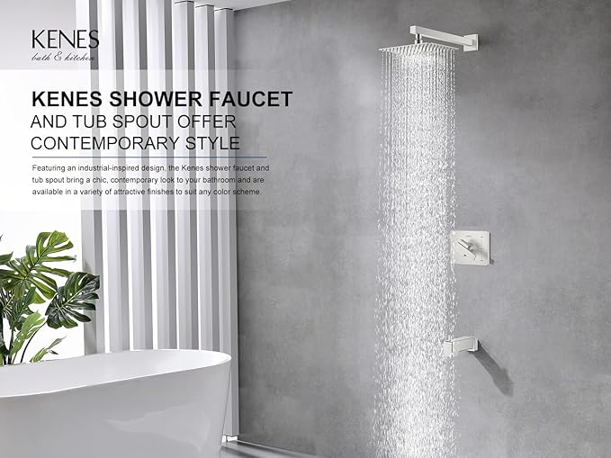 KENES Brushed Nickel Tub Shower Faucet Set Complete, Tub and Shower Trim Kit with 10-Inch Rain Shower Head, Square Shower System, KE-6024A (Shower Valve Included)