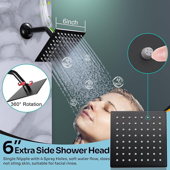 HOMEDEC Luxury Dual Shower System for Couples, LED 14x20" 2-Function and Dual 6" Side Wall Mounted Shower Heads, with 4-Way Diverter Valves, Black