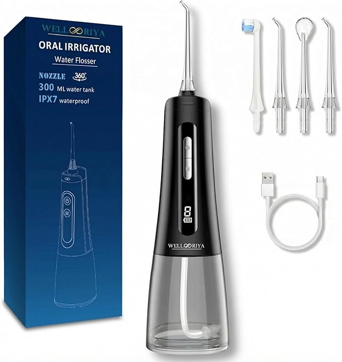 Wellooriya Cordless Water Flosser for Teeth – 300mL Large Tank, 9 Pressure Levels, LED Display, USB-C Rechargeable, IPX7 Waterproof Dental Oral Irrigator for Home & Travel (Black)
