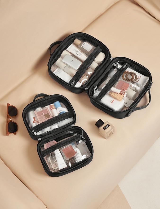 Oaque Clear Cosmetic Bag Double Layer Travel Toiletry Bag Clear Makeup Bag Case with 4 Compartments, Transparent Travel Bag for Toiletries, Large Toiletry Bag for Women Cosmetic Case (Black, Large)