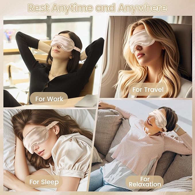 CroYumert 100% Pure Mulberry Silk Eye Mask - 22 Momme Adjustable Strap, Light Blocking, Silk Storage Bag & Gift Box - for Sleep/Travel/Gift, Sensitive Skin Friendly (Champagne)