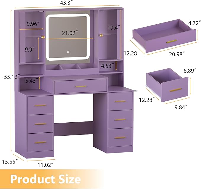 Purple Makeup Vanity Desk with Mirror & Lights, Modern Vanity Table with Charging Station, 7 Drawers, Glass Cabinet, Adjustable Shelves, Bedroom Dressing Table Set for Women & Girls