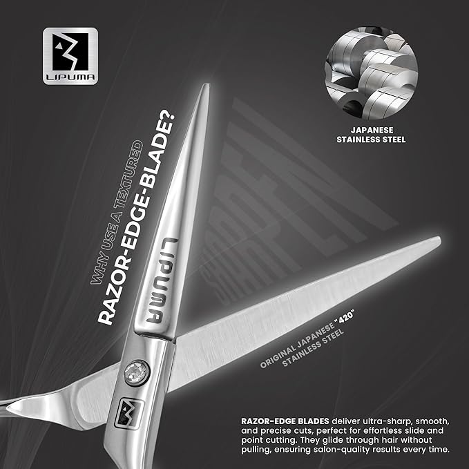 Hair Cutting Scissors - 6.5” Japanese Stainless Steel Professional Hair Scissors, Razor Edge Barber Scissors with Leather Bag, Comb and Cloth - Hair Shears for Men, Woman & Kids