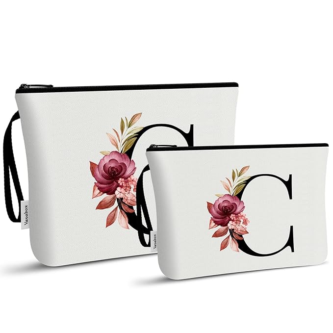 Vavabox A-Z Personalized Makeup Bag, Birthday Gifts for Women Mom, Gifts for Best Friend, Bride Bridesmaid Cosmetic bag (C, 03-White Set)